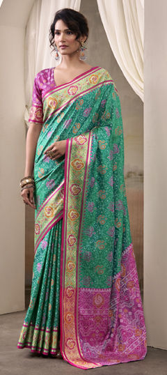 Green color Saree in Patola Silk fabric with Printed, Weaving work