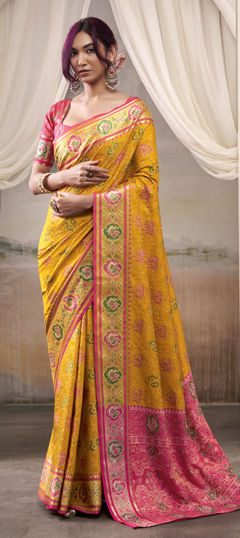 Yellow color Saree in Patola Silk fabric with Printed, Weaving work
