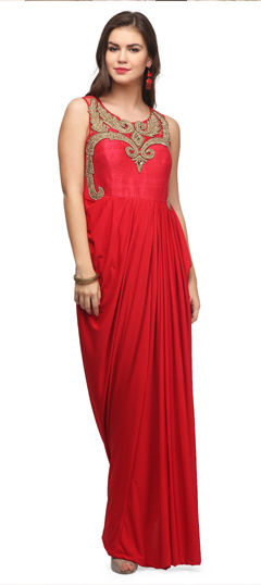 Red and Maroon color Gown in Net, Raw Silk fabric with Dabka, Stone, Zardozi work