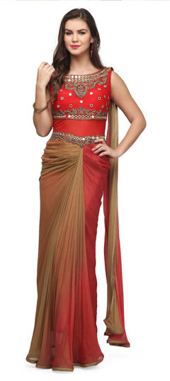 Gold, Red and Maroon color Gown in Georgette, Shimmer, Viscose fabric with Dabka, Stone, Zardozi work