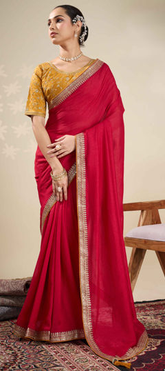 Red and Maroon color Saree in Art Silk fabric with Embroidered, Sequence, Zari work