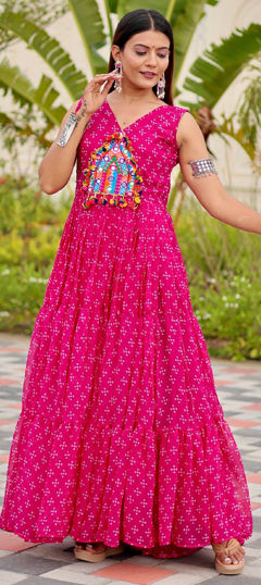 Pink and Majenta color Gown in Faux Georgette fabric with Bandhej, Embroidered, Mirror, Printed, Thread work