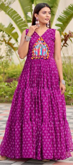 Purple and Violet color Gown in Faux Georgette fabric with Bandhej, Embroidered, Mirror, Printed, Thread work