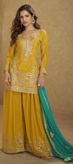 Yellow color Salwar Kameez in Chinon Silk fabric with Embroidered, Mirror, Sequence, Zari work