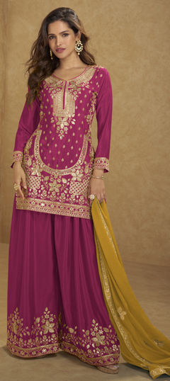 Pink and Majenta color Salwar Kameez in Chinon Silk fabric with Embroidered, Mirror, Sequence, Zari work