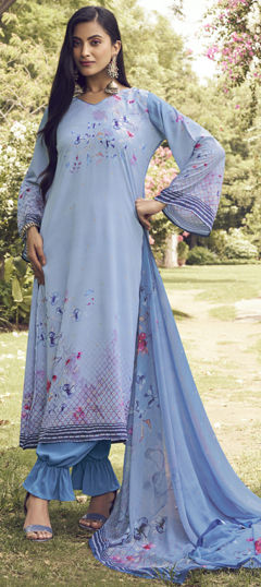Blue color Salwar Kameez in Crepe Silk fabric with Floral, Printed work