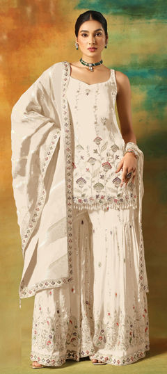 White and Off White color Salwar Kameez in Faux Georgette fabric with Bugle Beads, Sequence, Thread work