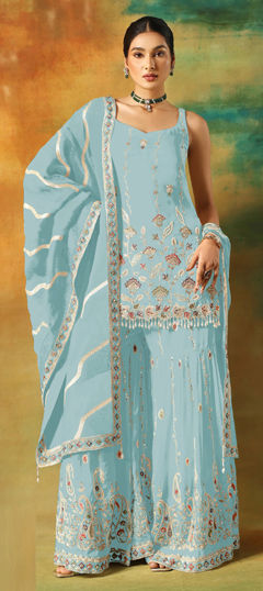 Blue color Salwar Kameez in Faux Georgette fabric with Bugle Beads, Sequence, Thread work