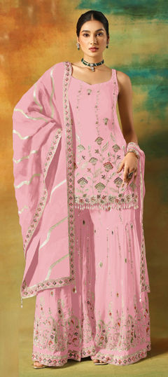 Pink and Majenta color Salwar Kameez in Faux Georgette fabric with Bugle Beads, Sequence, Thread work