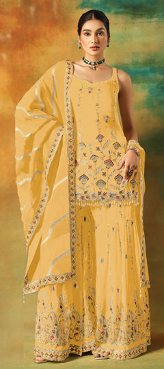 Yellow color Salwar Kameez in Faux Georgette fabric with Bugle Beads, Sequence, Thread work