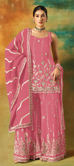 Pink and Majenta color Salwar Kameez in Faux Georgette fabric with Bugle Beads, Sequence, Thread work