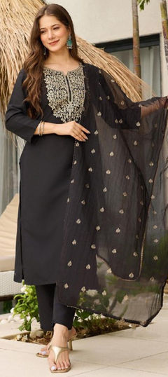 Black and Grey color Salwar Kameez in Viscose fabric with Embroidered work