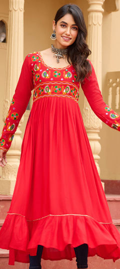 Red and Maroon color Kurti in Rayon fabric with Embroidered, Mirror work