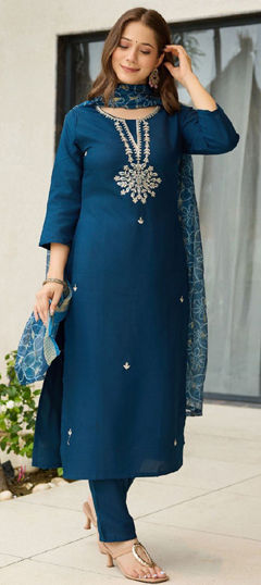 Blue color Salwar Kameez in Rayon fabric with Embroidered work