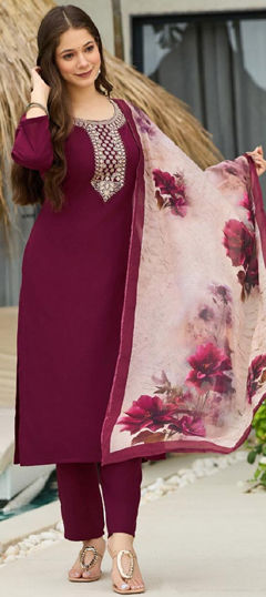 Purple and Violet color Salwar Kameez in Rayon fabric with Embroidered work