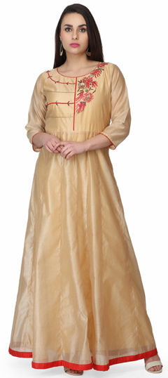 Beige and Brown color Kurti in Chanderi Silk fabric with Embroidered, Resham, Thread work