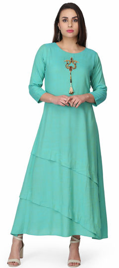 Green color Kurti in Rayon fabric with Bugle Beads work