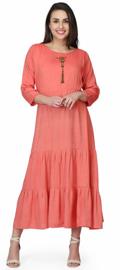 Orange color Kurti in Rayon fabric with Bugle Beads work