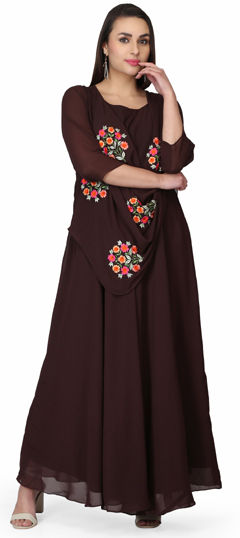 Beige and Brown color Kurti in Georgette fabric with Embroidered, Resham, Thread work