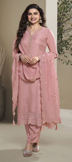 Pink and Majenta color Salwar Kameez in Silk fabric with Embroidered work
