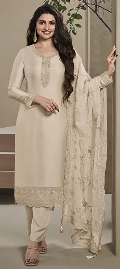 Beige and Brown color Salwar Kameez in Silk fabric with Embroidered work