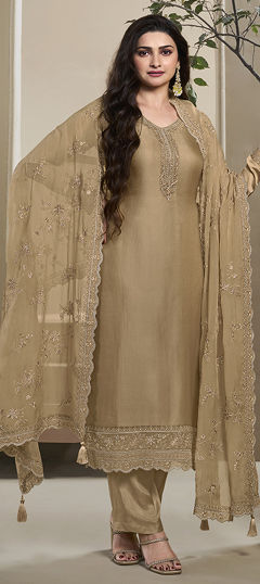 Beige and Brown color Salwar Kameez in Silk fabric with Embroidered work