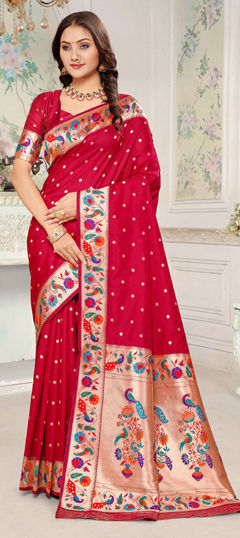 Red and Maroon color Saree in Silk fabric with Weaving work