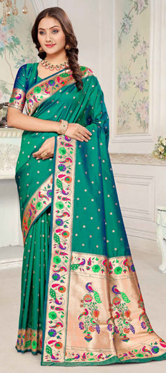 Green color Saree in Silk fabric with Weaving work