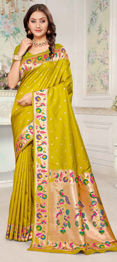 Yellow color Saree in Silk fabric with Weaving work