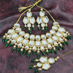 Gold Rodium Polish Green color Necklace in Metal Alloy studded with CZ Diamond, Kundan, Pearl