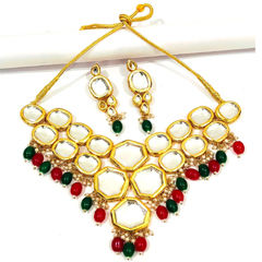 Gold Rodium Polish Green, Red and Maroon color Necklace in Metal Alloy studded with CZ Diamond, Kundan, Pearl