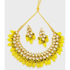 Gold Rodium Polish Yellow color Necklace in Metal Alloy studded with CZ Diamond, Kundan, Pearl