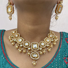 Gold Rodium Polish Beige and Brown color Necklace in Metal Alloy studded with CZ Diamond, Kundan, Pearl
