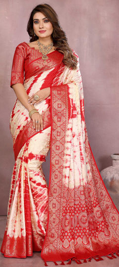 Multicolor color Saree in Satin Silk fabric with Printed, Tye n Dye, Weaving work