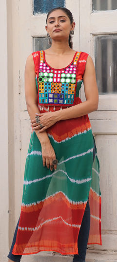 Multicolor color Kurti in Georgette fabric with Bandhej, Mirror work