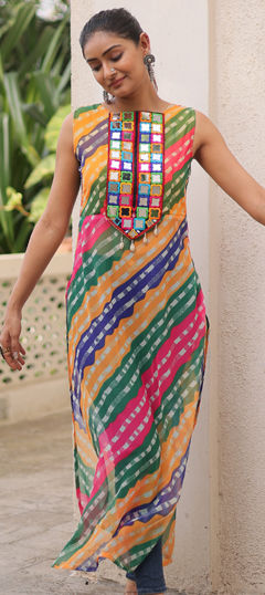 Multicolor color Kurti in Georgette fabric with Bandhej, Mirror work