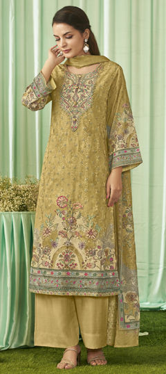 Yellow color Salwar Kameez in Cotton, Lawn fabric with Digital Print, Resham, Thread work