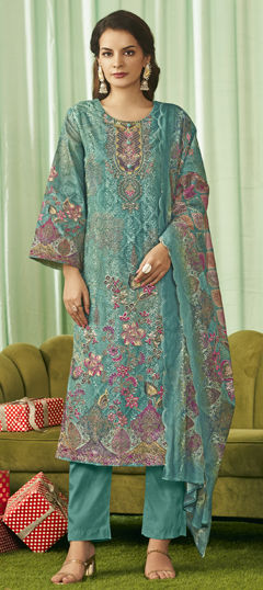 Blue color Salwar Kameez in Cotton, Lawn fabric with Digital Print, Resham, Thread work