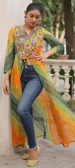 Green color Kurti in Faux Georgette fabric with Bandhej, Embroidered, Mirror, Patch, Printed work