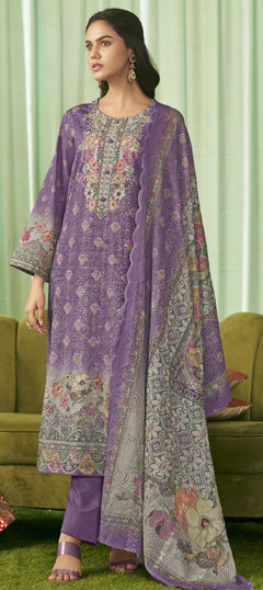 Purple and Violet color Salwar Kameez in Cotton, Lawn fabric with Digital Print, Resham, Thread work