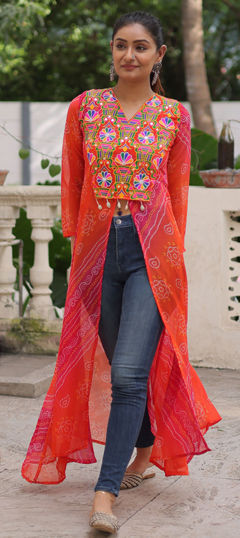 Pink and Majenta color Kurti in Faux Georgette fabric with Bandhej, Embroidered, Mirror, Patch, Printed work