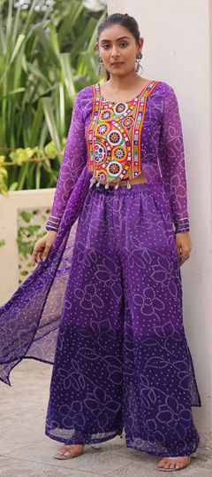 Purple and Violet color Salwar Kameez in Georgette fabric with Bandhej, Embroidered, Mirror, Patch work