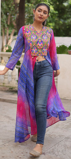 Purple and Violet color Kurti in Faux Georgette fabric with Bandhej, Embroidered, Mirror, Patch, Printed work