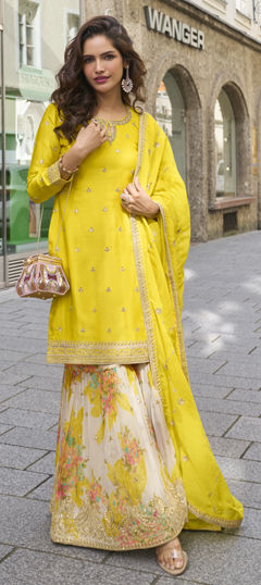 Yellow color Salwar Kameez in Chinon Silk fabric with Embroidered, Floral, Printed, Sequence work