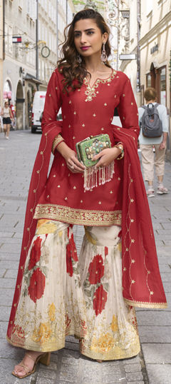 Red and Maroon color Salwar Kameez in Chinon Silk fabric with Embroidered, Floral, Printed, Sequence work