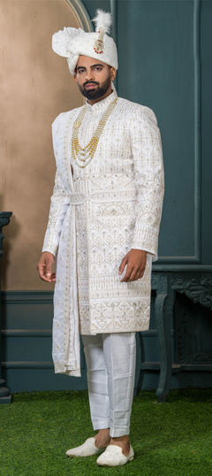White and Off White color Sherwani in Silk fabric with Embroidered, Sequence, Thread work