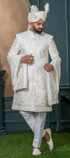 White and Off White color Sherwani in Silk fabric with Embroidered, Sequence, Thread work
