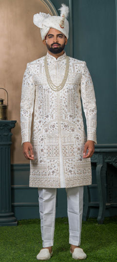 White and Off White color Sherwani in Silk fabric with Embroidered, Sequence, Thread work