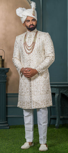 White and Off White color Sherwani in Silk fabric with Embroidered, Sequence, Thread work