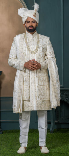 White and Off White color Sherwani in Silk fabric with Embroidered, Sequence, Thread work